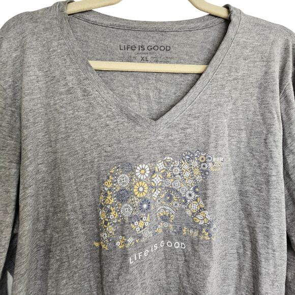 Life Is Good Womens Crusher Tee Floral Bear Print Graphic T-Shirt Sz XL Stretch - Picture 1 of 8